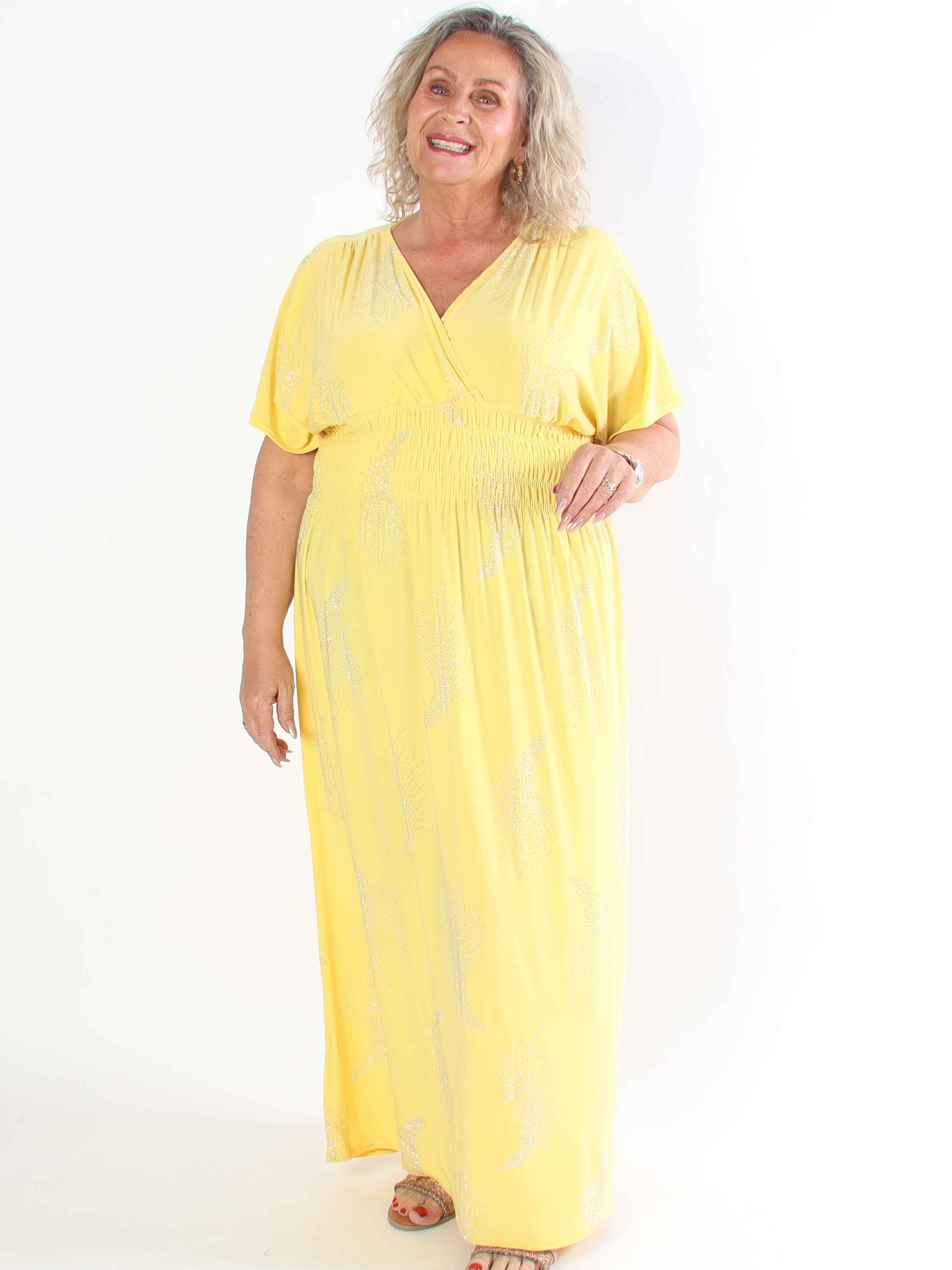 Pams Leaf Crystal - Lang elastisk plus size kjole med mønster af similisten